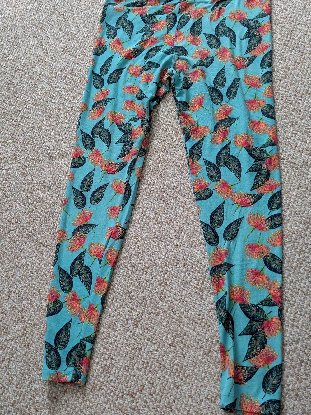 LuLaRoe Turquoise and Coral Leggings with Mimosa Floral Print